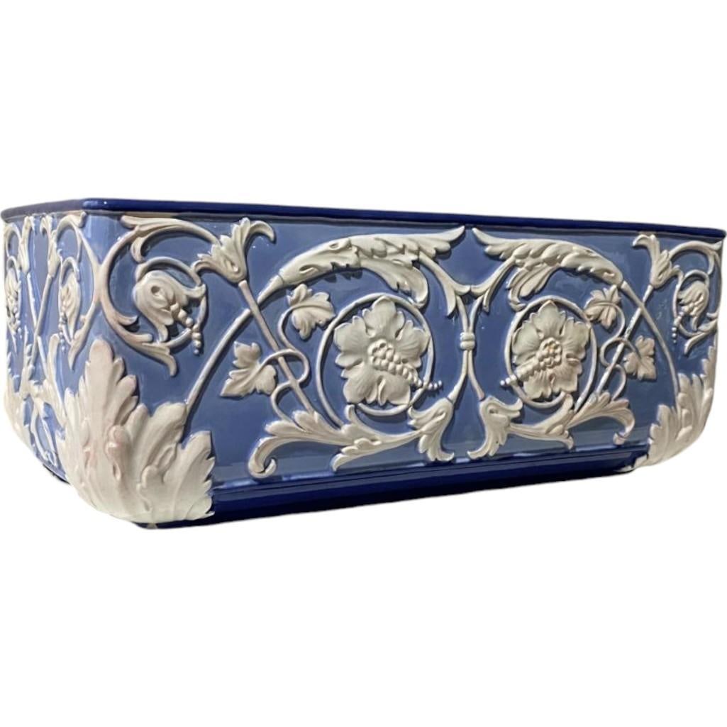 Eichwald French Blue with White Glazed Ceramic Cachepot, White Floral Design in Relief (1 of 6)