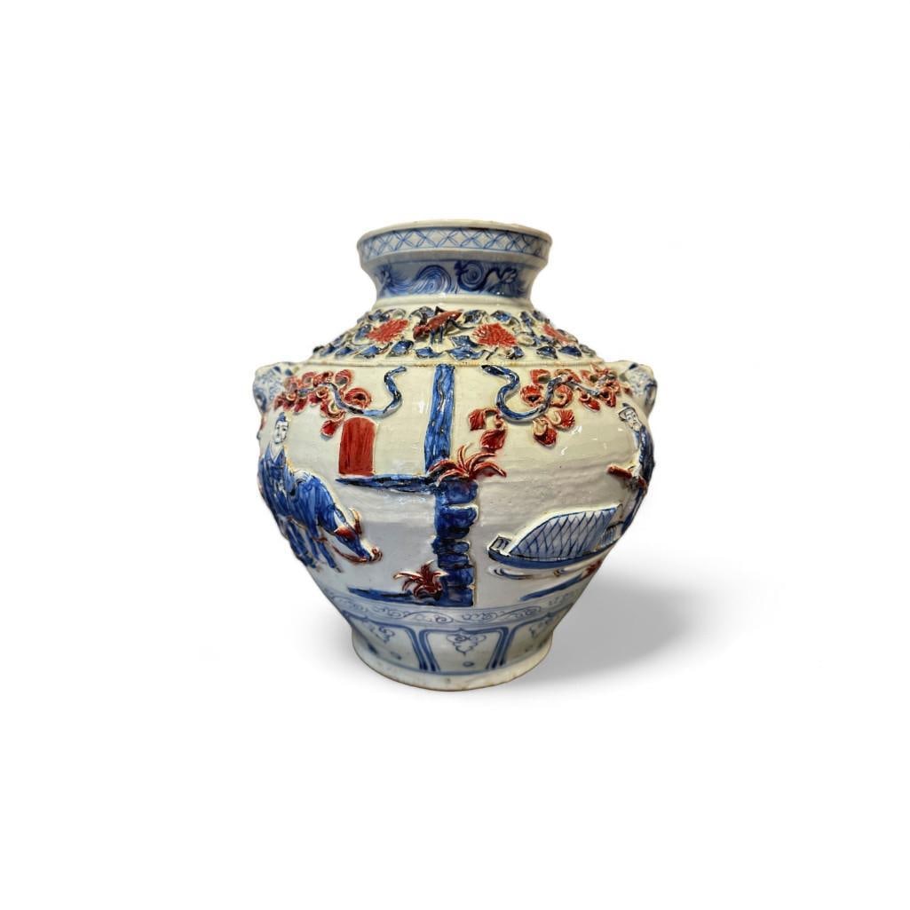 Antique Asian Vase with chinoiserie scene and foo dog handles (1 of 10)