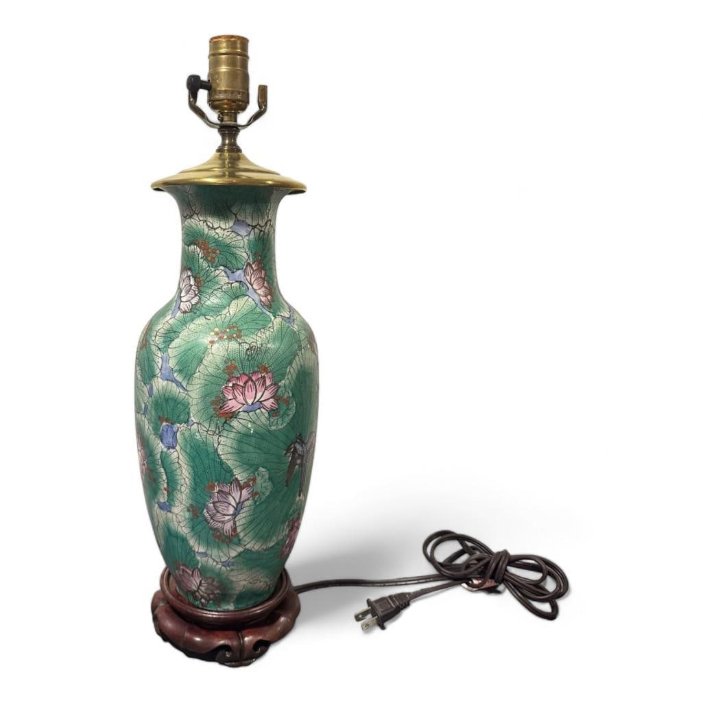 Famille Verte Table Lamp Handpainted Lotus Blossom/ Bird Motif (1 of 6)