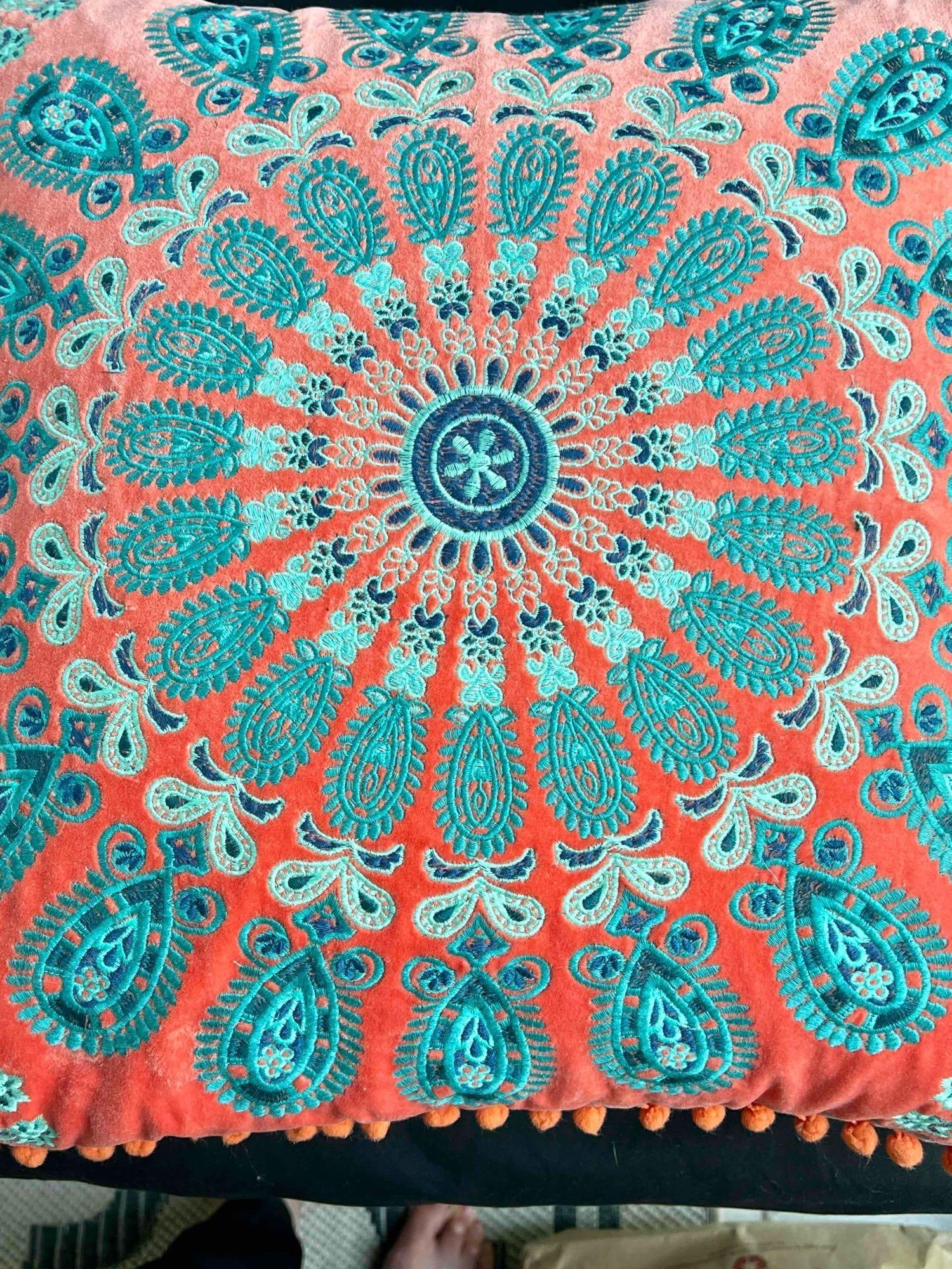 Pair of Boho Accent Pillows Paisley Mandala Embroidery Velvet Orange and Teal Square (1 of 11)