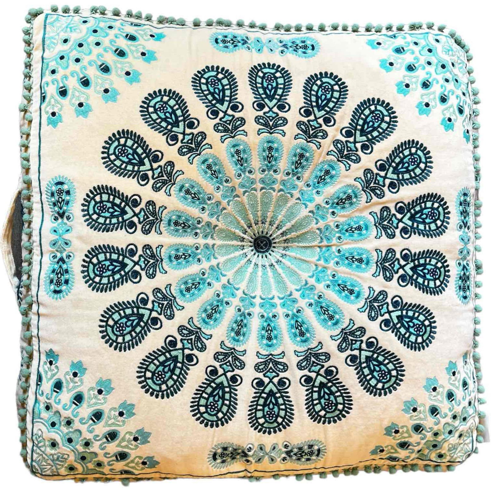 Fun Boho Mandala Motif Floor Cushion Dog Bed Embroidered Velvet Cream and Teal Embroidery, New: Brand: Unbranded Description: Boho Mandala large floor cushion for extra seating or dog bed. Velvet cream with turquoise/teal embroidery. Material: Velv