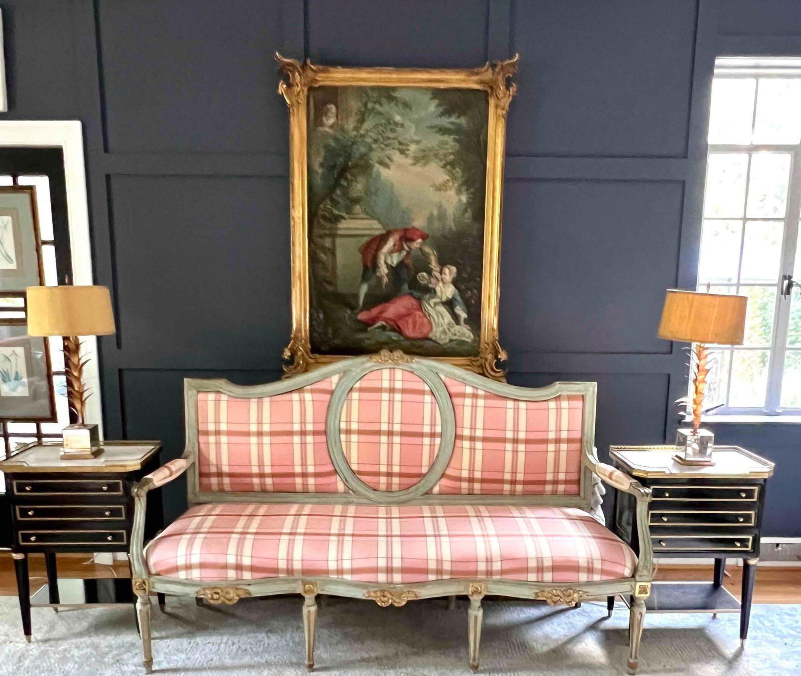 Fantastic Antique French Blue Hand Carved Louis XVI Style Sofa, Newly Reupholstered (1 of 8)