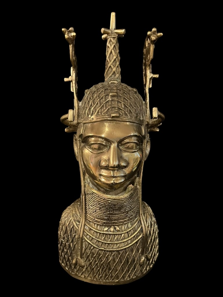 Mid-Century Nigerian Brass Busts of an African King: Origin: Nigeria Era: 1950s Materials: Brass Color: Brass Item Type: Bust Sculpture Design Features: These rare and fin