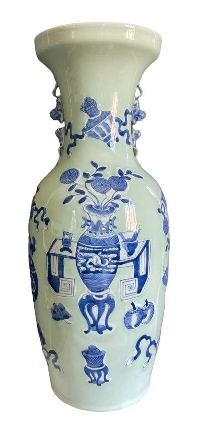 Vintage 1940s Floor Vase Chinese Celadon and Blue Porcelain Large Vase (1 of 15)