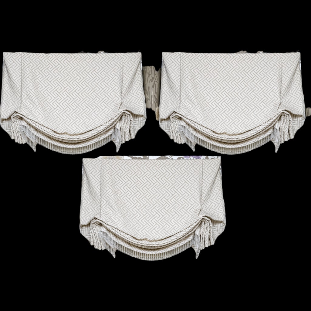 Set of 3 High Quality Custom Window Roman Shades with Beads, Beige and White Geometric Pattern (1 of 6)