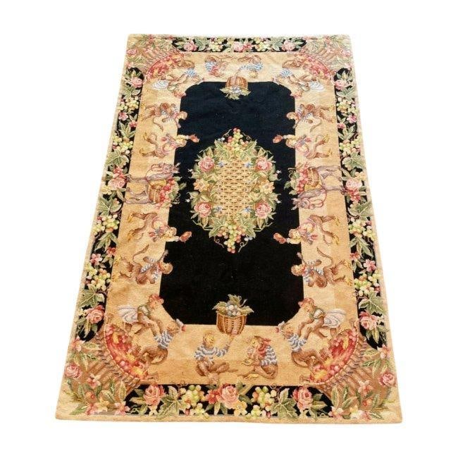 Vintage Aubusson Needlepoint Rug with French Merrymaking Monkeys, circa 2001: Brand: Unbranded Materials: Wool, Cotton Color: Multi on black background Item Type: Rug Design Features: Rare Vintage aubusson handwoven ne