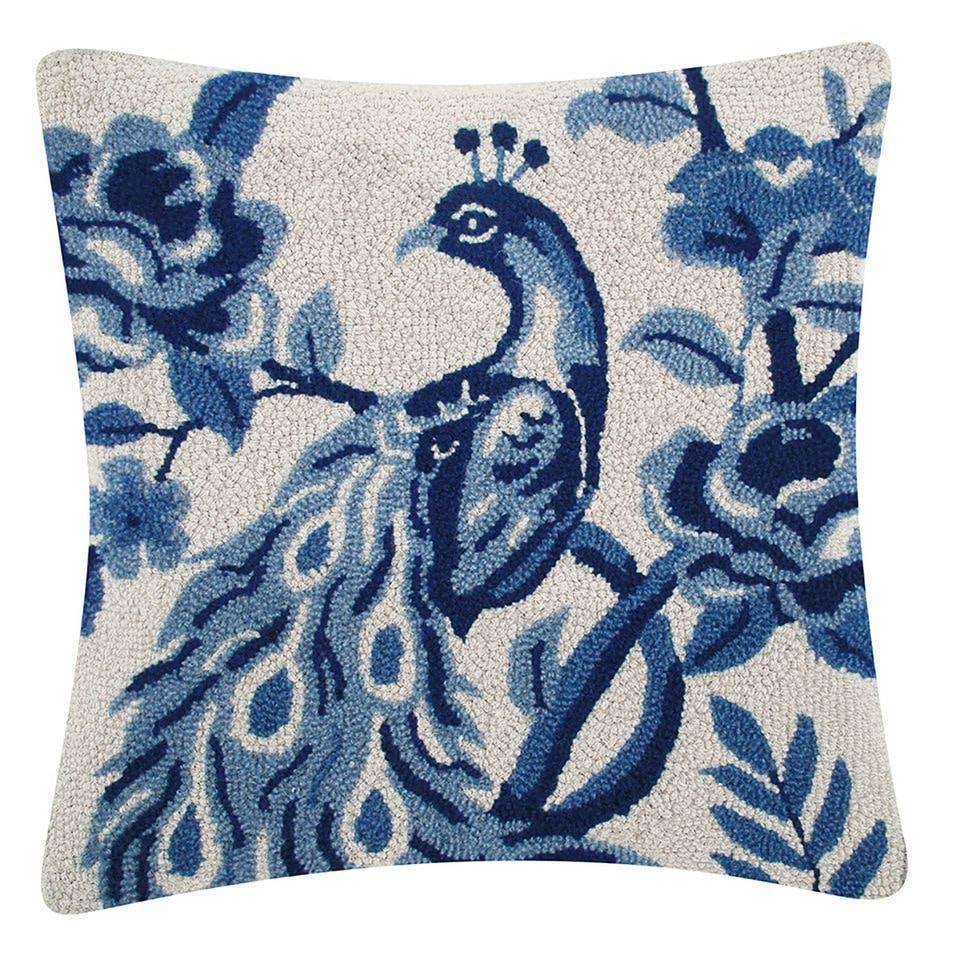 Peacock Decorative Accent Throw Pillow - Blue and White Wool Hook Velvet Back (1 of 4)