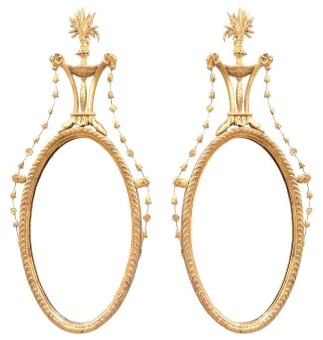 Spectacular Pair of Neoclassical Style Oval Mirrors with Plumes (1 of 14)