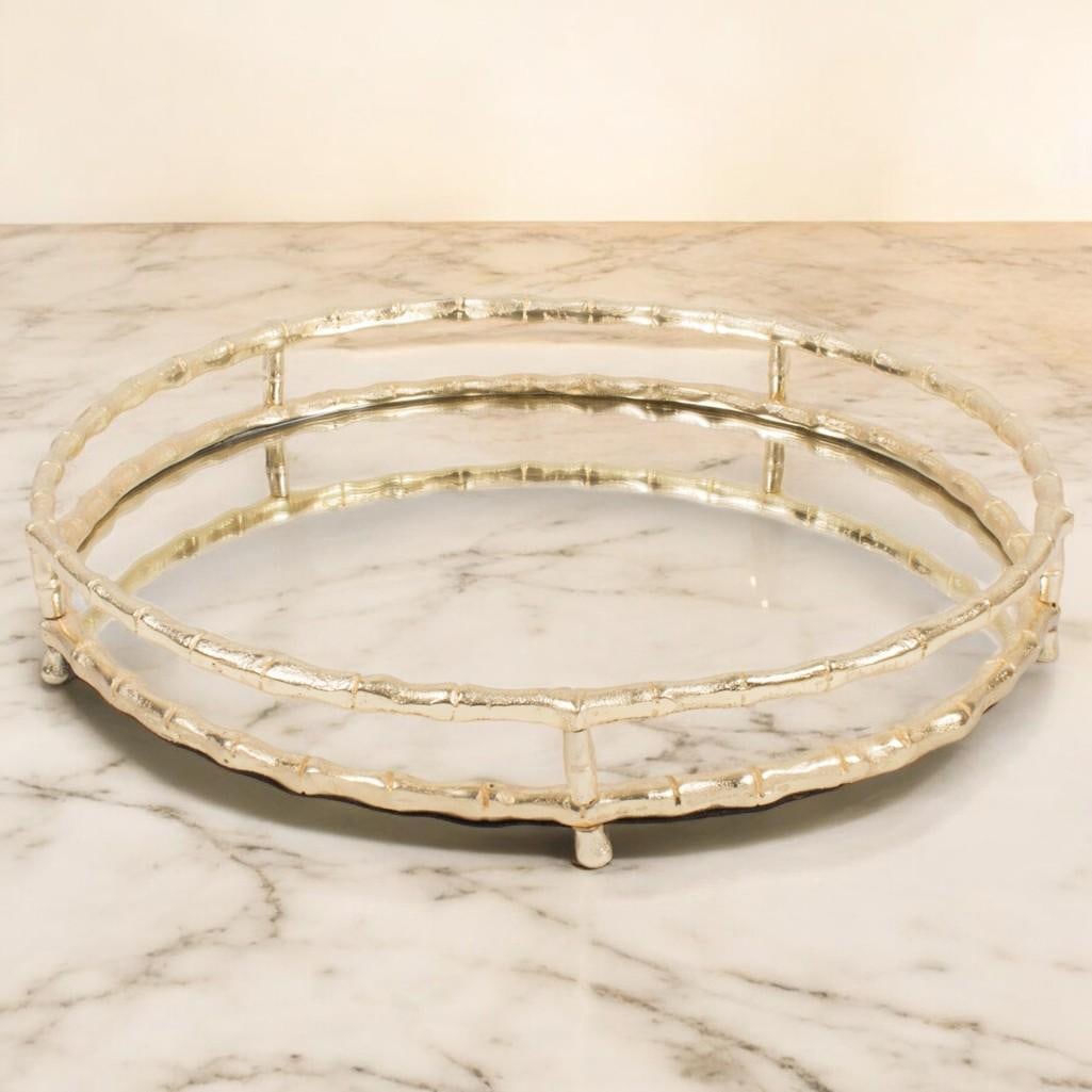 Gold Faux  Bamboo Round Mirrored Vanity Serving Tray (1 of 2)