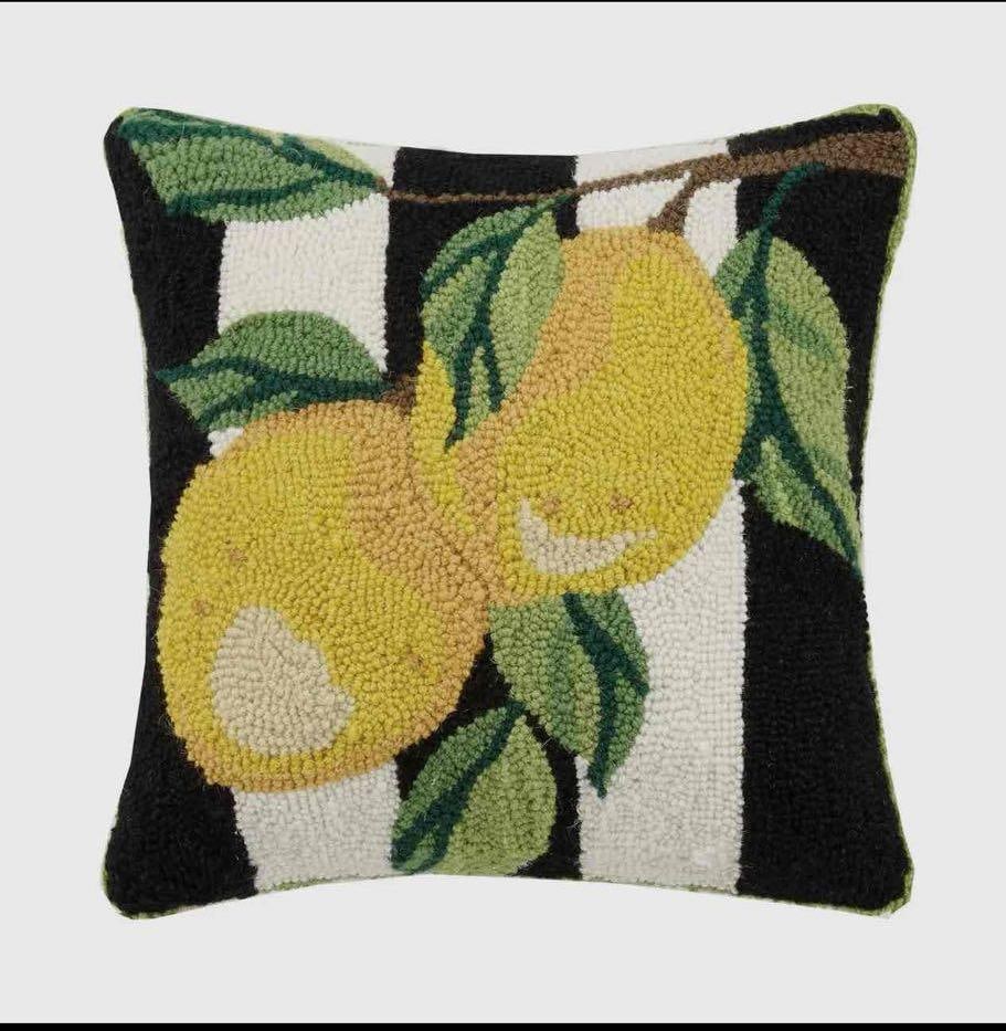 Lovely Lemon Motif Black and White Wool Hook Accent Throw Pillows, a Pair, Brand New (1 of 2)