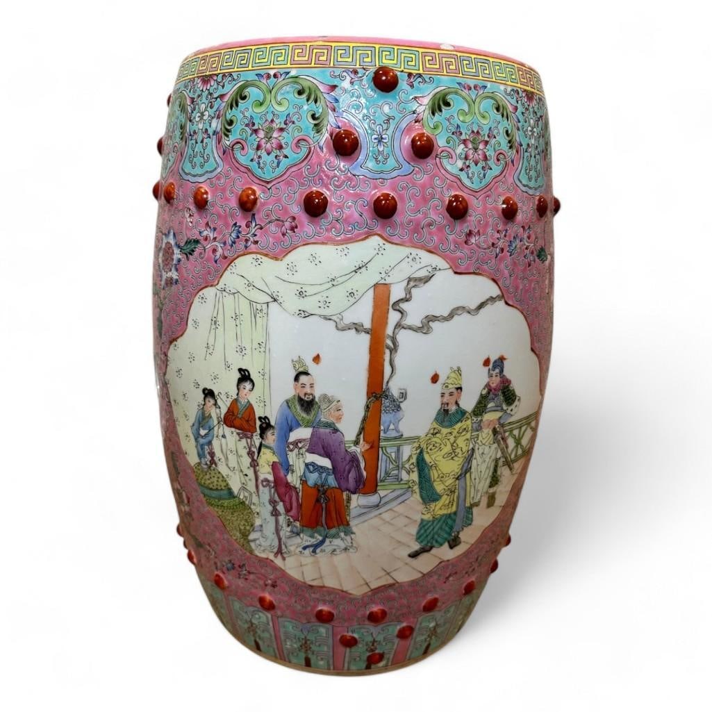 Vintage Famille Rose Garden Stool Hand Painted, Signed (1 of 5)