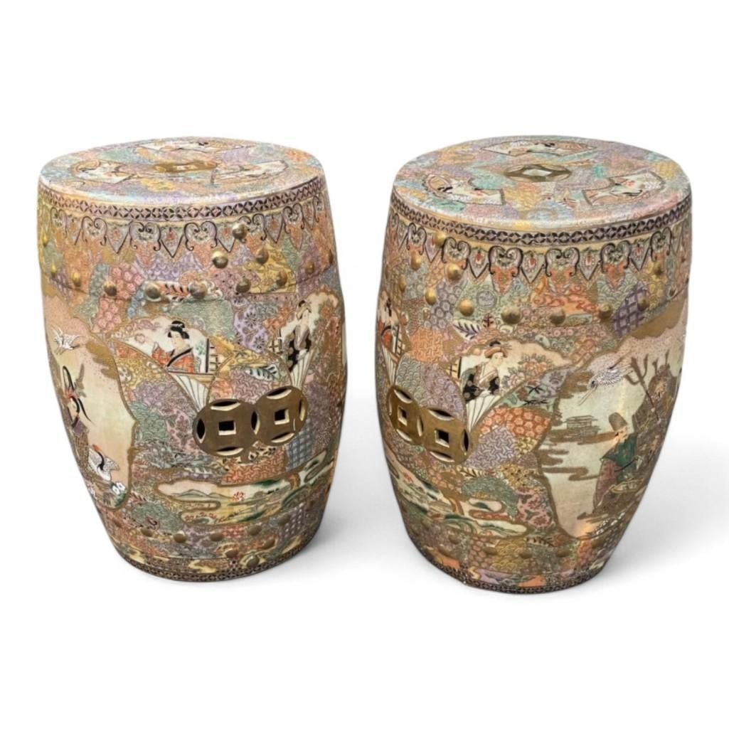 Gorgeous Satsuma Style Hand Painted Porcelain Garden Stools, a Pair (1 of 3)