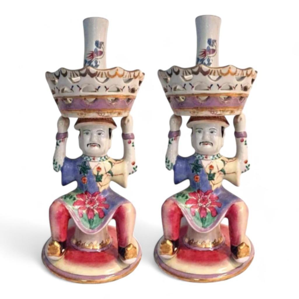 Porcelain Epergnes In Traditional Chinese Dress Detailed With Tobacco Leaf Pattern A Pair: Origin: China Materials: Porcelain Color: Multi Tobacco Leaf Pattern Item Type: Serving Epergne Centerpiece, Candleholders Design Features
