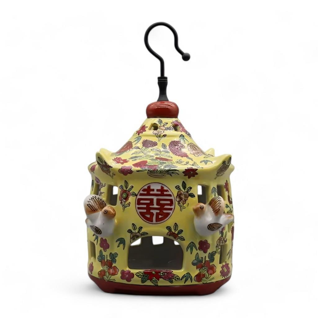 Charming Hand Painted Traditional Yellow Floral Ceramic Bird Feeder Or Lantern (1 of 14)