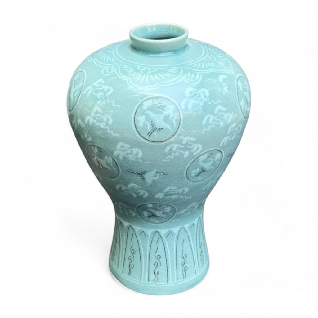 Celadon Vase Or Vessel With Traditional Crane And Cloud Designs (1 of 5)