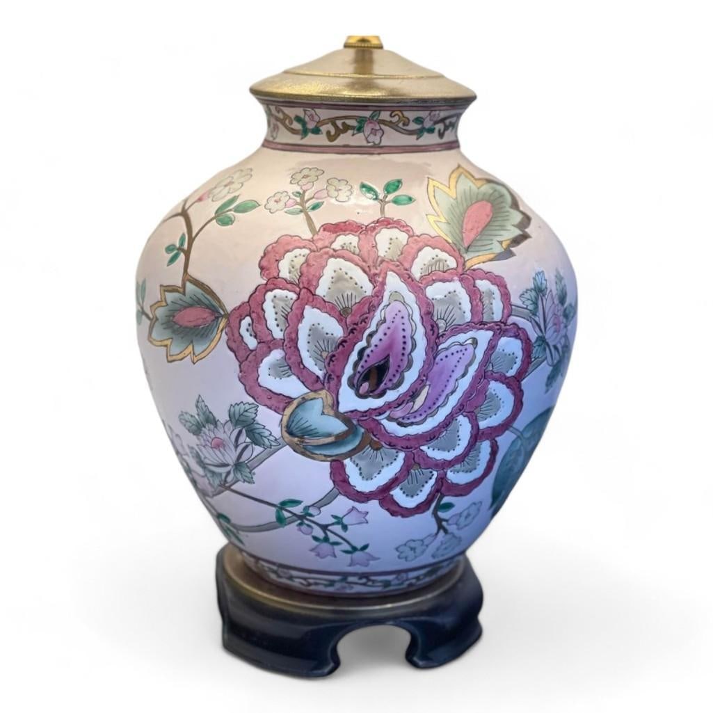 Vintage Peony Motif Porcelain Table Lamp Lotus Botanical Wood Base (1 of 3)