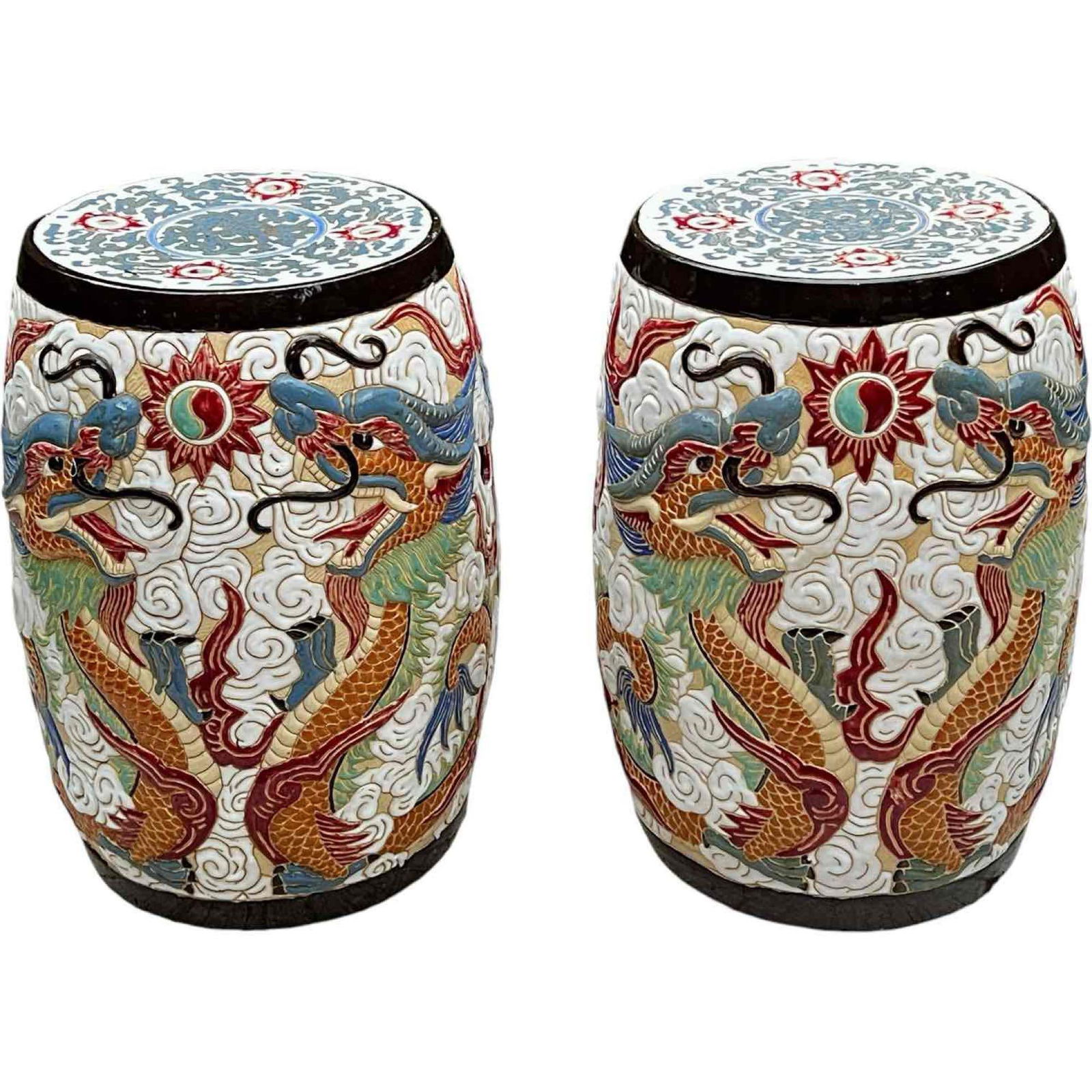 Vintage Chinese Dragon Ceramic Garden Stool Drum Tables, a Pair (1 of 15)