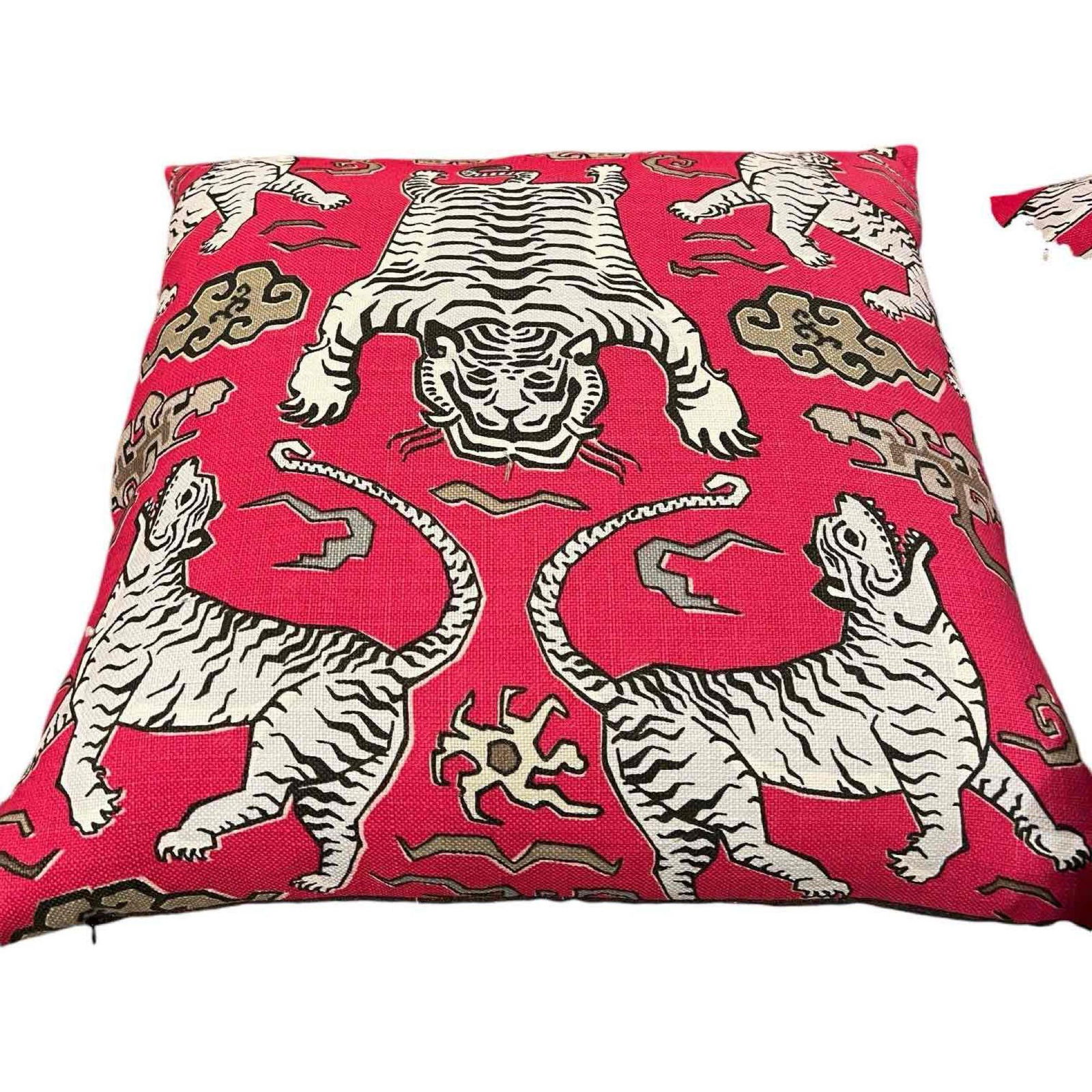 Pair of Linen Decorative Throw Pillows Asian Inspired Tiger Motif on Pink Background, Brand New (1 of 9)