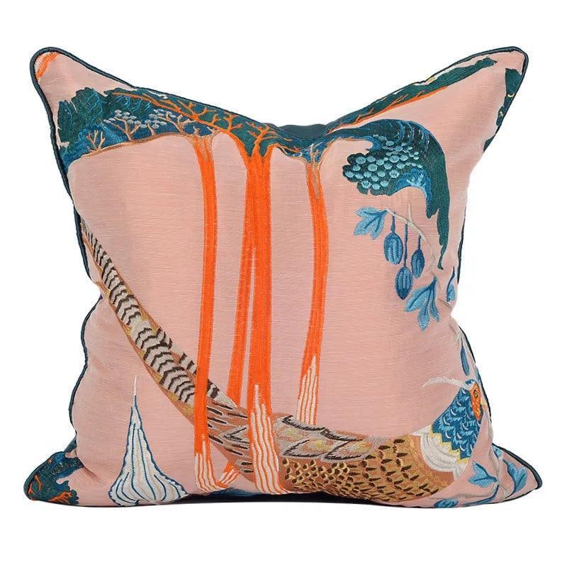 Peacock Embroidered Pink Floral Throw Pillow Cover (1 of 1)