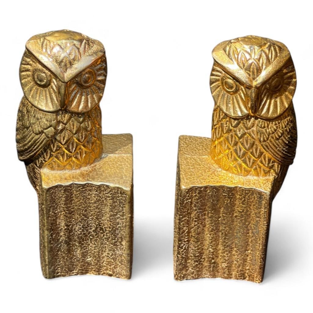 1970s Brass Owl Bookends Marked ROC Taiwan, Mid-Century Owl Bookends, Mid-Century Brass Owls (1 of 15)