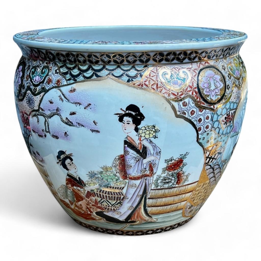 Porcelain Fishbowl Planter With Satsuma Style Geisha, Hand Painted, Signed (1 of 8)