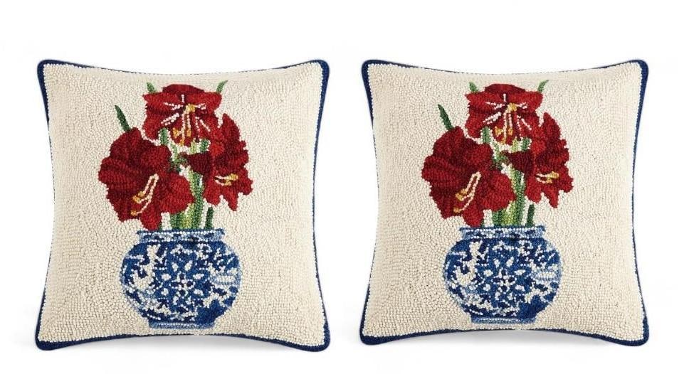 Red Amaryllis Holiday Chinoiserie Square Hooked Wool Pillow, a Pair (1 of 3)