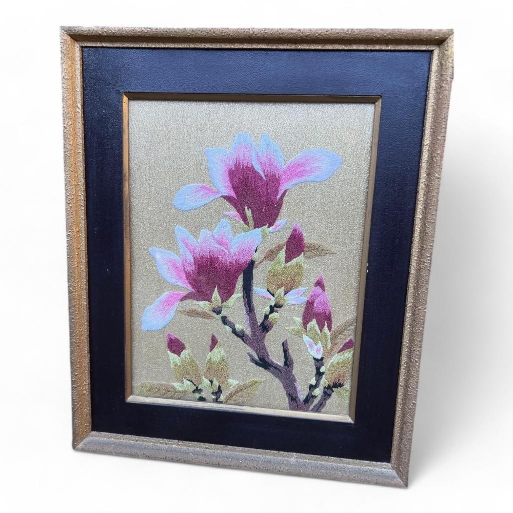 Vintage Japanese "Matsubato" Embroidery of Magnolia Lily by Bunka Punch: Brand: Bunka Punch Origin: Japan Condition Notes: Additional information: Dimensions: Frame: 21L x 17W x 1D