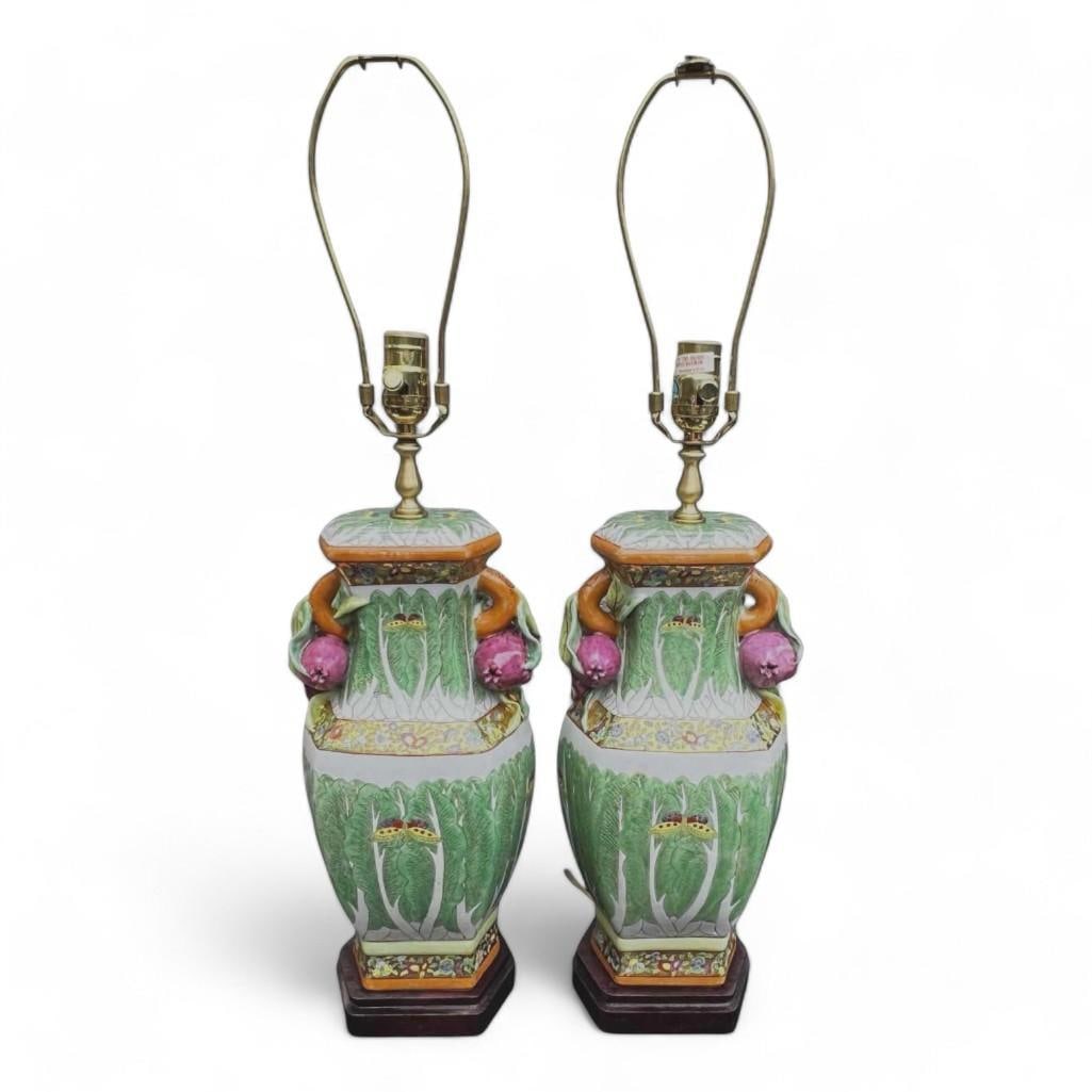 Vintage Pair of Bok Choy Hand Painted Porcelain Table Lamps in Asian Cabbage Leaf Motif (1 of 17)