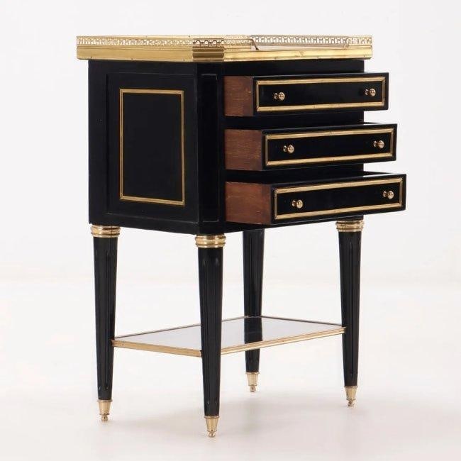 Directoire Neoclassical Ebonized Mahogany Louis XVI Style Marble Top Table 3 Drawer, Circa 1940s (1 of 6)