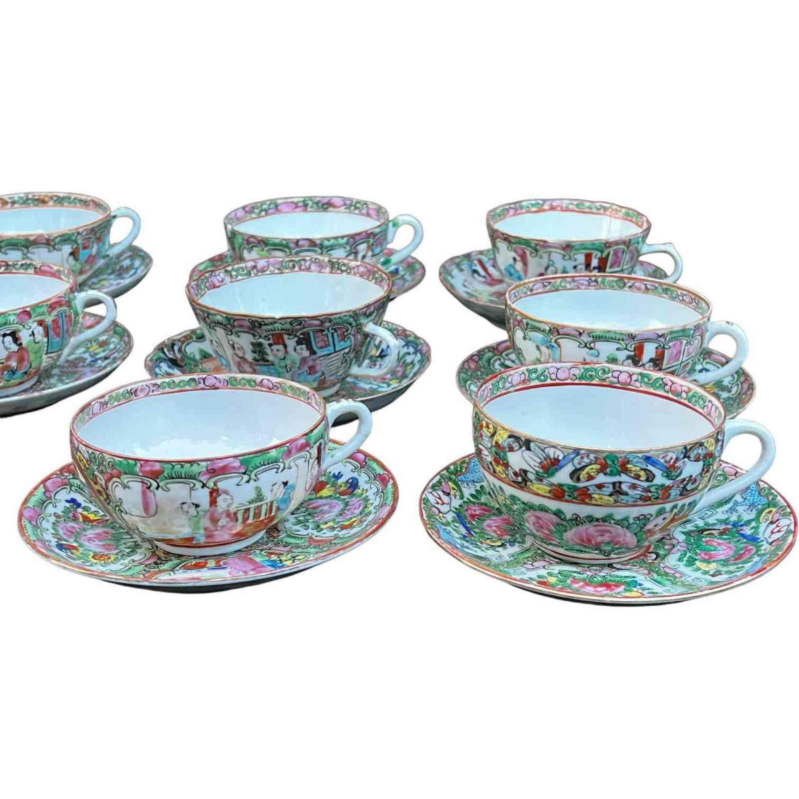 Vintage Famille Rose Medallion Tea Cups and Saucers, Set of 10 (1 of 8)