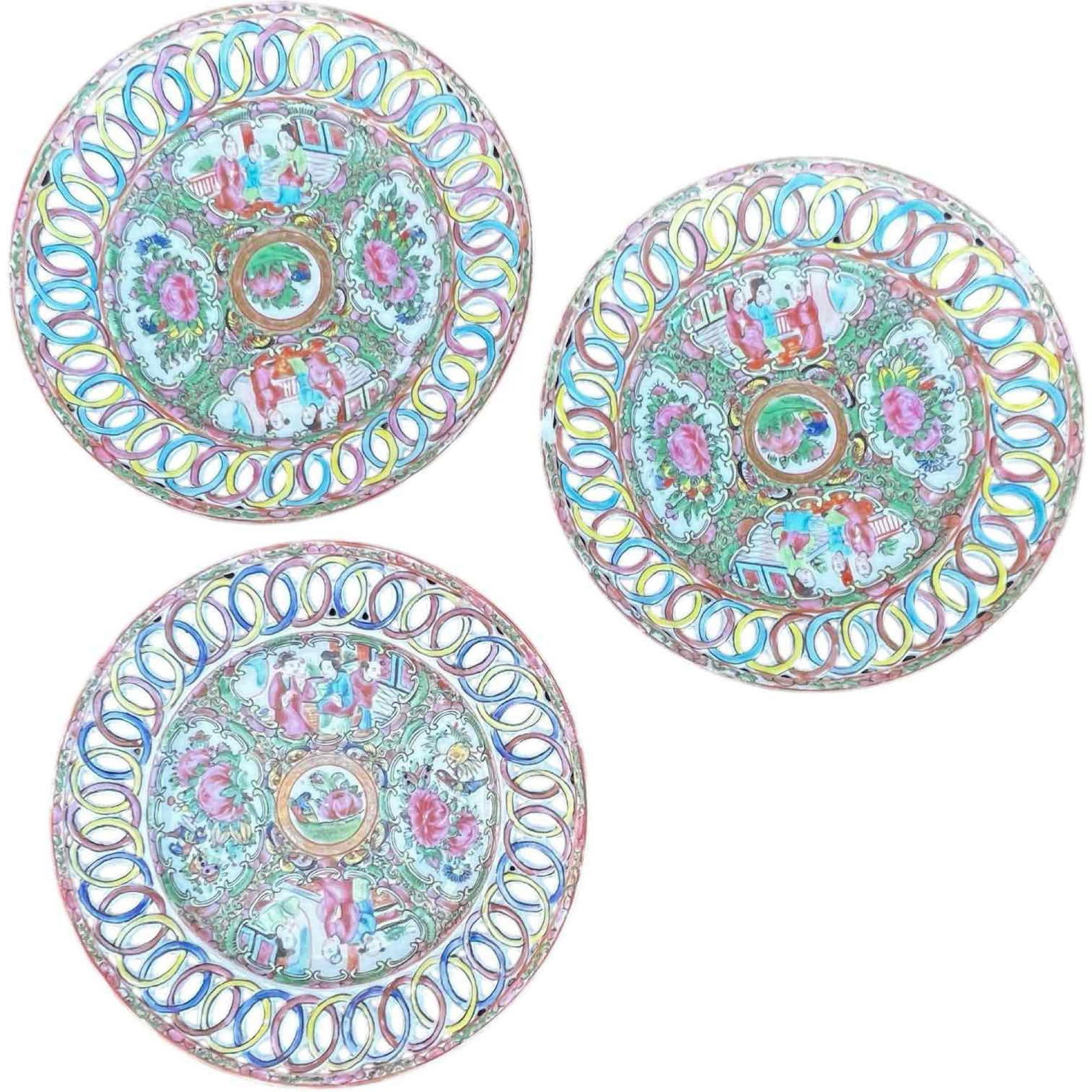 Vintage Famille Rose Medallion Dessert Plates, Reticulated, Set of 3 (1 of 9)