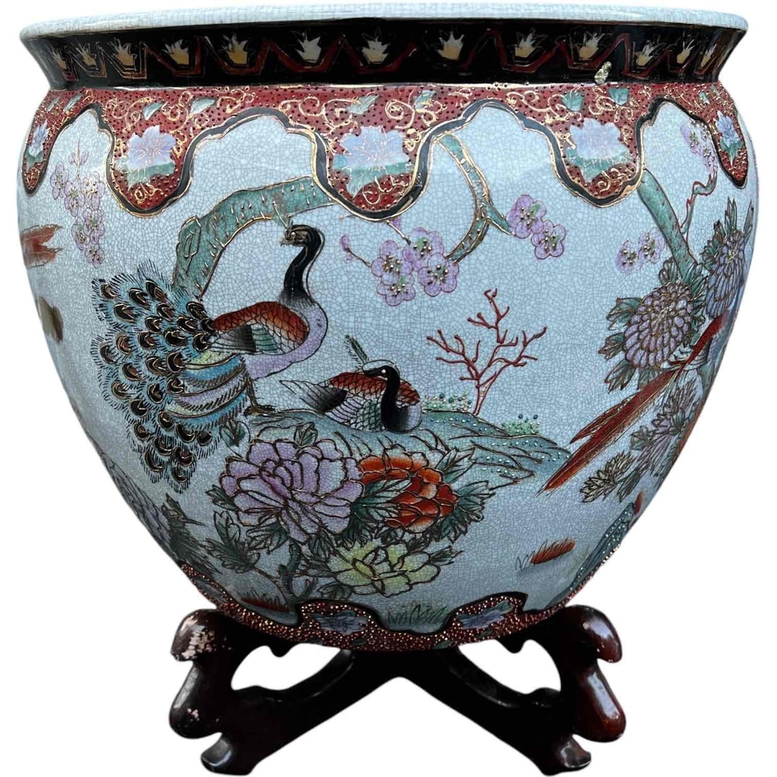 Asian Porcelain Fishbowl Flower Pot Planter With Wooden Stand: Origin: Chinese Item Type: Planter Materials: Porcelain Signed/Stamped: Yes Design Features: Condition: No dam