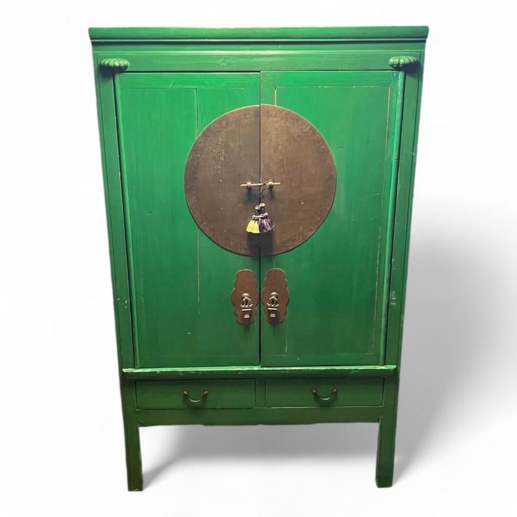 Green Lacquered Double Door Chinese Moon Disc Wedding Cabinet (1 of 7)