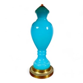 Vintage Hollywood Regency Blue Opaline Glass Table Lamp, Brass Base