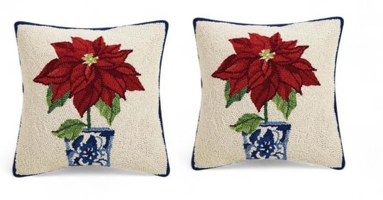 Wool Hook Decorative Accent Pillow Decor,  Holiday Poinsetta in Chinoiserie Blue and White Pot