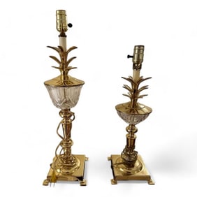 Vintage Bombay Pineapple Brass and Crystal Lamps, a Pair