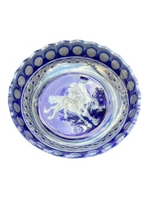 Exquisite Bohemian Cobalt Blue Cut to Clear Round Display Plate with Horse Etching, Artist Signed