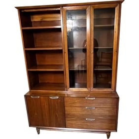 Vintage MidCentury Modern MCM Fruitwood China Cabinet and Hutch
