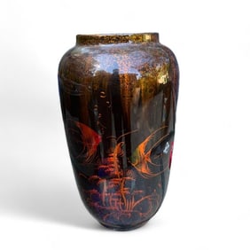 Vintage Wood Vase Painted Lacquer "Butterfly Fish" Motif