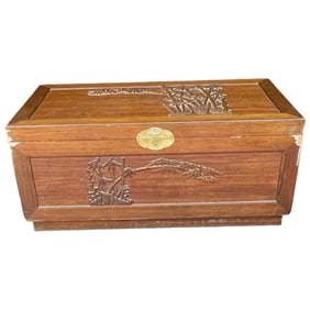 Fabulous Solid Wood Cedar Trunk with Sliding Shelf, Tropical Tree Carved Motif