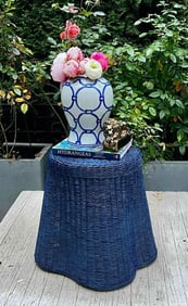 Charming Navy Blue Wicker Skirted Side End Table, Coastal Grand millennial Style