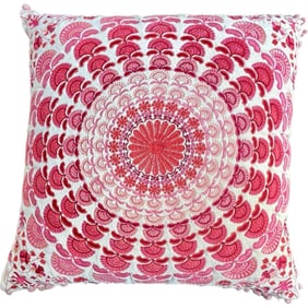 Pair of Boho Mandala Accent Pillows Cream Velvet with Pink Mandala Pattern embroidery, New