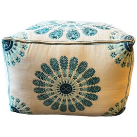Fun Boho Mandala Motif Floor Pouf Ottoman Extra Seating Velvet Cream and Turquoise Embroidery, New