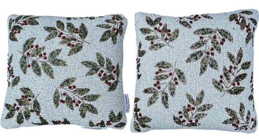 Hand Beaded Holiday Holly and Berries Decorative Accent Pillows, a Pair