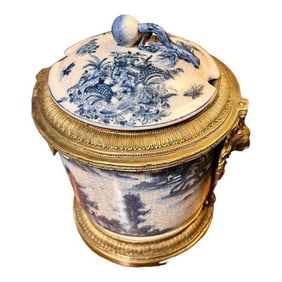 Exquisite United Wilson Blue and White Porcelain Ice Bucket or Cache Pot with Brass Lion Handles