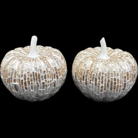 Chic White and Gold Capiz Mosaic Pumpkin Decorative Sculptures, a Pair