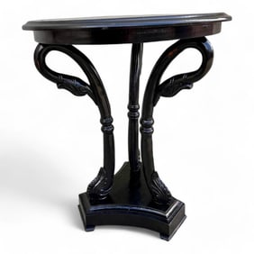Vintage Neoclassical Swan Wood Pedestal Side End Table, Black Lacquer