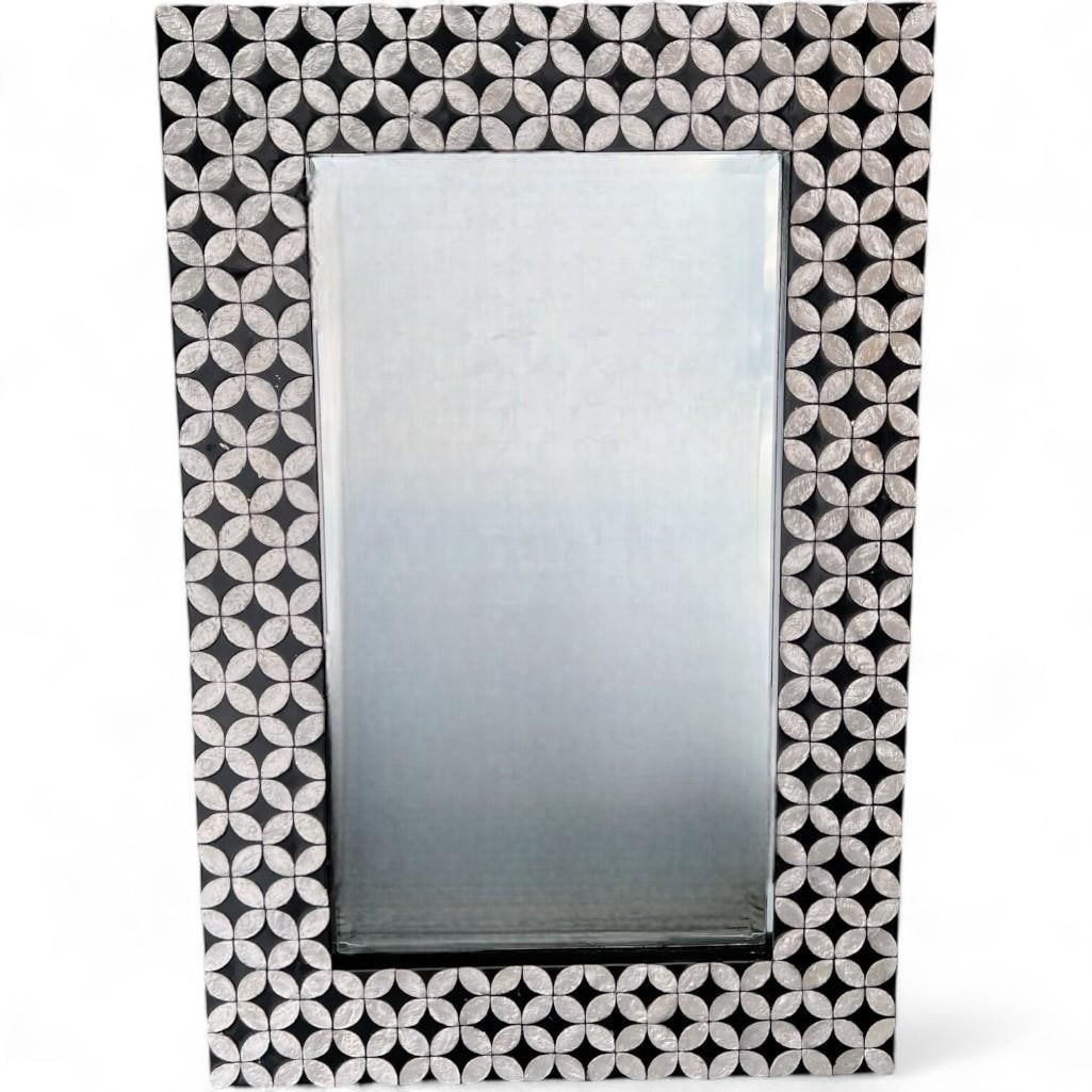 Black Wood Frame Mirror with Mother of Pearl Inlay, Rectangular Black and White (1 of 3)