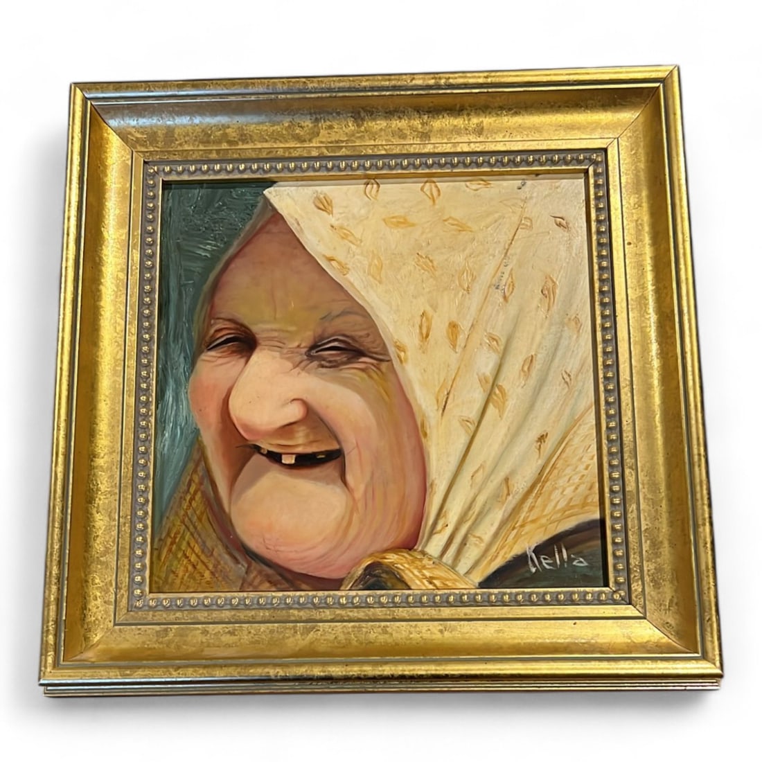 Charming Original Hand Painted Oil on Canvas Painting of Russian Babushka Signed Kella, Gilt Frame