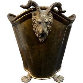 Brass Devil Goat Horns Head Champagne Beverage Cooler, Panter, Cache Pot, Firewood Container